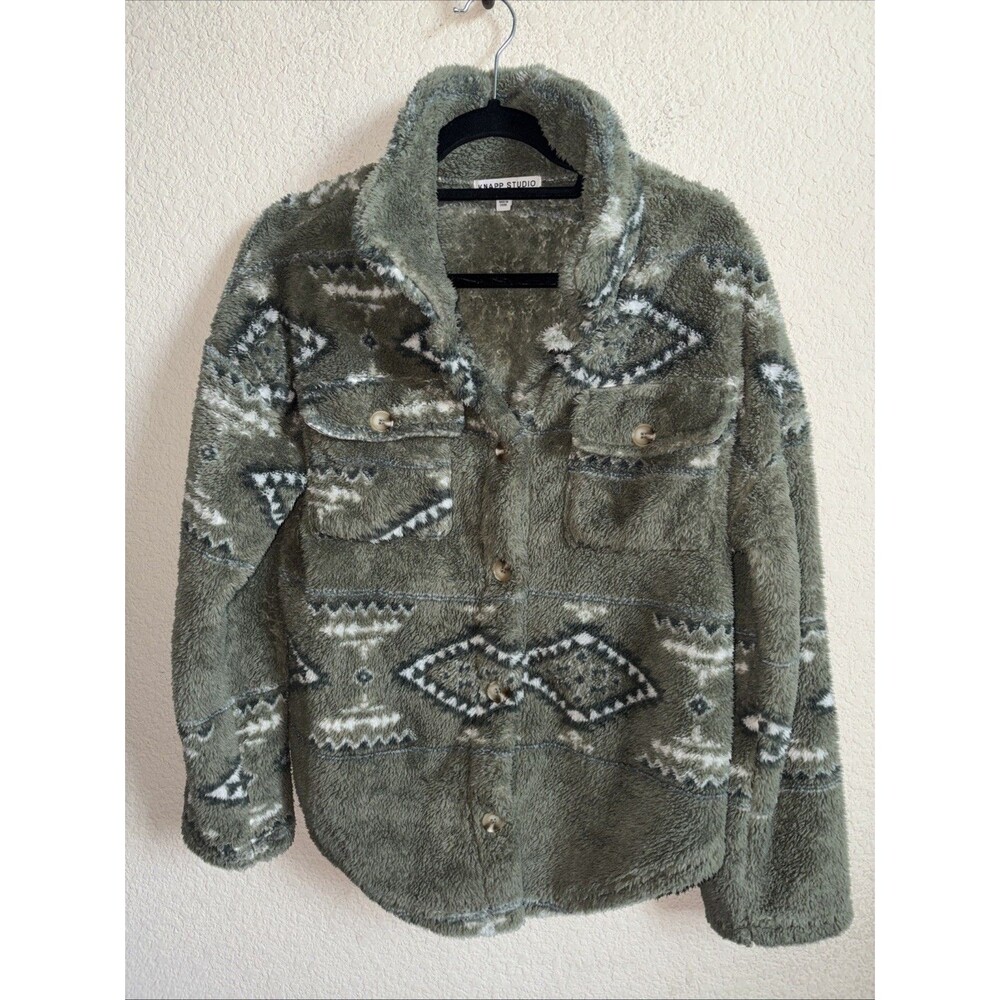 Western Sherpa Aztec Shacket Sweater Button Up Jacket Womens M Southwest Teddy